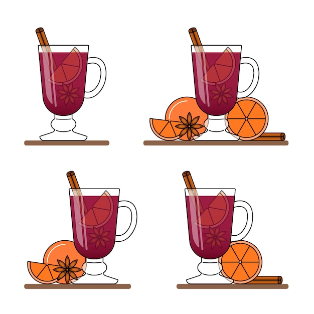 Gluhwein Banner Set Heisse Glaser Mit Rotwein Zimt Orange Sternanice Flache Linie Kunststil Vektor Illustration Konzept Fur Herbst Winter Weihnachten Neujahr Visitenkarte Verkaufsflyer Premium Vektor