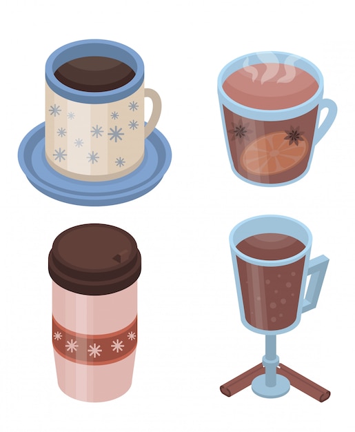 Glühwein-icon-set. isometrischer satz glühweinvektorikonen für das webdesign lokalisiert auf weißem hintergrund Premium Vektoren