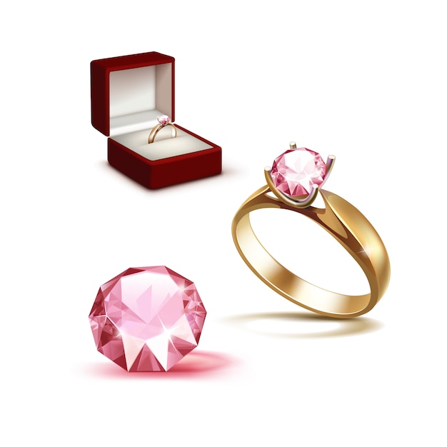 Gold Verlobungsring Pink Diamond In Red Jewelry Box Premium Vektor