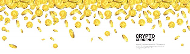 Goldene bitcoins, die über weißen schablonen-hintergrund mit kopienraum fliegen realistische münzen 3d mit cryptocurrency-zeichen Premium Vektoren
