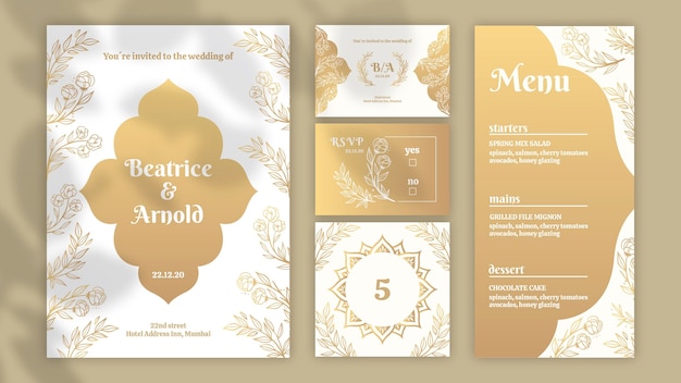 Goldene briefpapiersammlung für hochzeit | Kostenlose Vektor