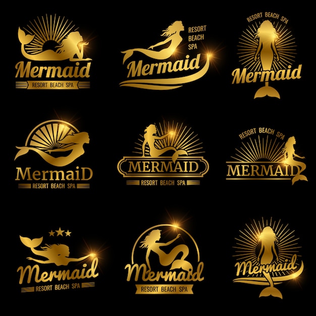 Goldene nixeaufkleber. glänzendes erholungsortstrandbadekurort-logodesign Premium Vektoren