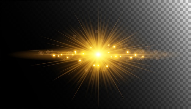 Goldener sonnenstrahl mit funkeln oder goldpartikelglitterlicht Premium Vektoren