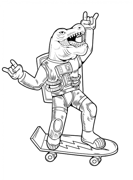 Gravur Zeichnen Lustige Coole Kerl Astronaut T Rex Tyrannosaurus Fahrt Auf Skateboard Im Raumanzug Vintage Cartoon Charakter Illustration Comics Pop Art Stil Isoliert Premium Vektor