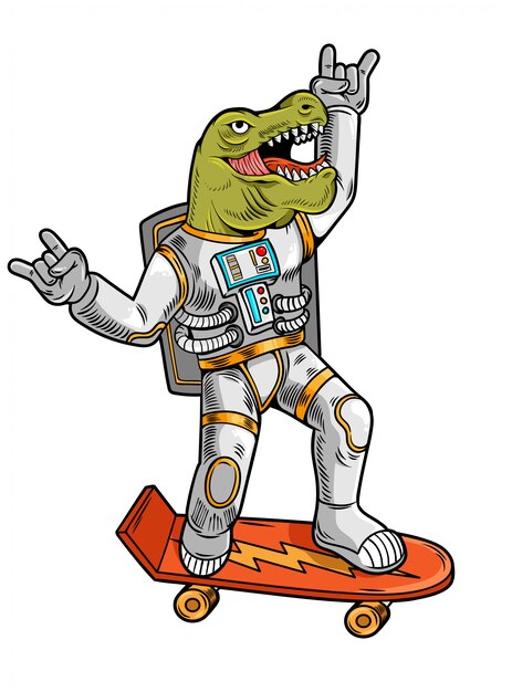 Gravur Zeichnen Lustige Coole Kerl Astronaut T Rex Tyrannosaurus Fahrt Auf Skateboard Im Raumanzug Premium Vektor