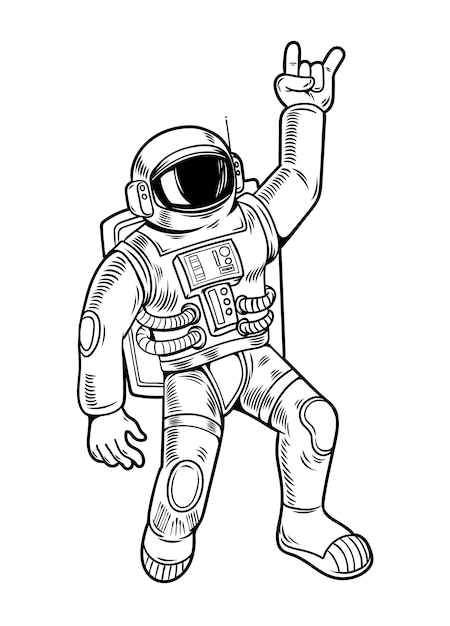 Gravur Zeichnen Mit Lustigen Coolen Kerl Astronauten Raumfahrer Im Raumanzug Vintage Cartoon Charakter Illustration Comics Pop Art Stil Isoliert Premium Vektor