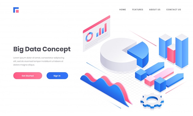 Große daten-konzeptwebsite oder landingpage-design mit infographic elementen 3d Premium Vektoren