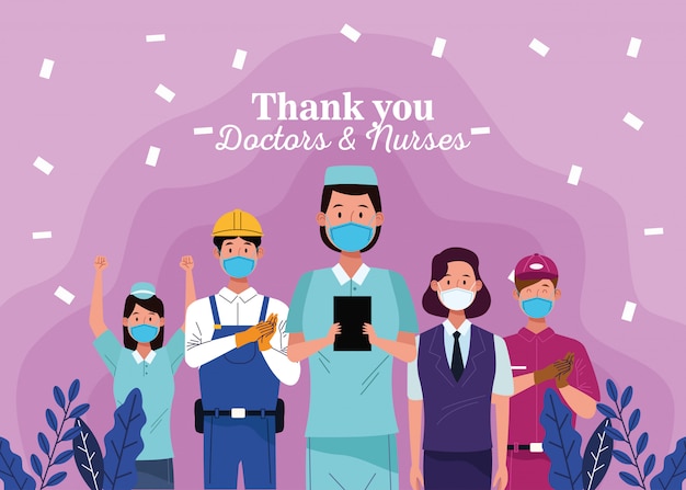 Gruppe Von Arbeitern Mit Gesichtsmasken Mit Dankeschon Arzte Und Krankenschwestern Nachricht Premium Vektor