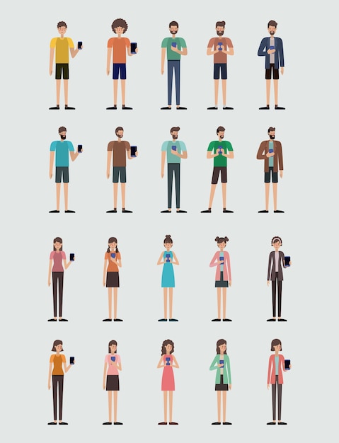 Gruppe von personen, die smartphonevektor-illustrationsdesign verwendet Premium Vektoren