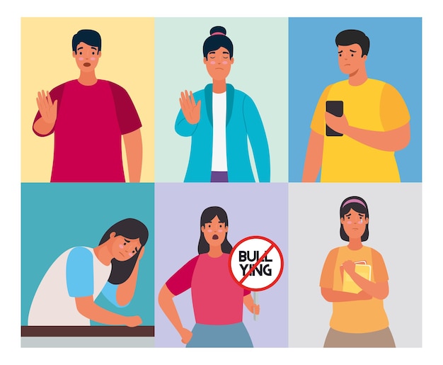 Gruppe Von Personen Die Von Cyber Mobbing Und Stoppsignalzeichen Betroffen Sind Premium Vektor