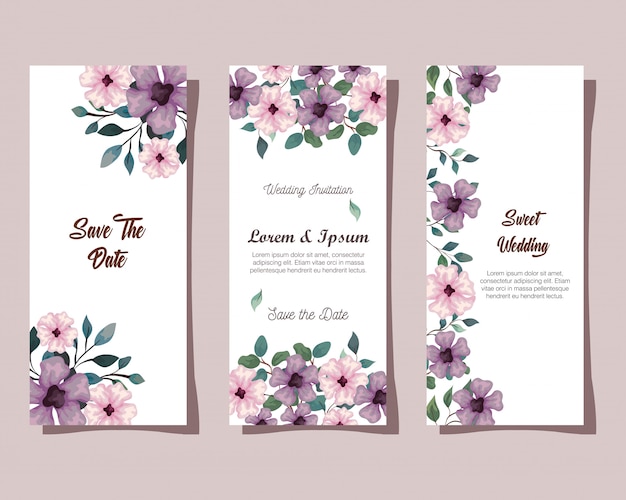 Grusskarten Mit Rosa Und Lila Blumenfarbe Hochzeitseinladungen Mit Blumen Mit Zweigen Premium Vektor