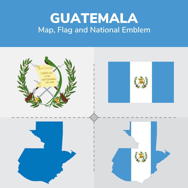 Guatemala karte, flagge und national emblem | Premium-Vektor