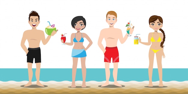 Gut aussehender mann und hübsche dame haben aktivitäten am strand Premium Vektoren