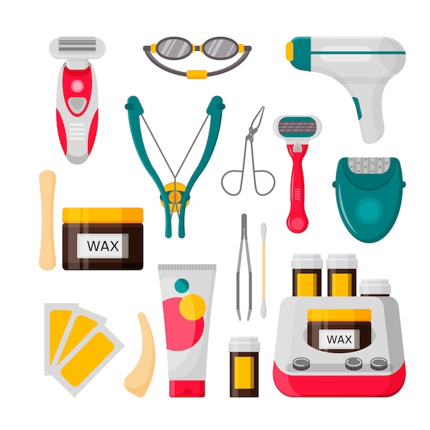 Haarentfernungs-icon-set. vektor-illustration von laser, epilierer, enthaarungscreme, wachsstreifen, flasche wachs, rasiermesser, augenbrauenpinzette, schere Premium Vektoren