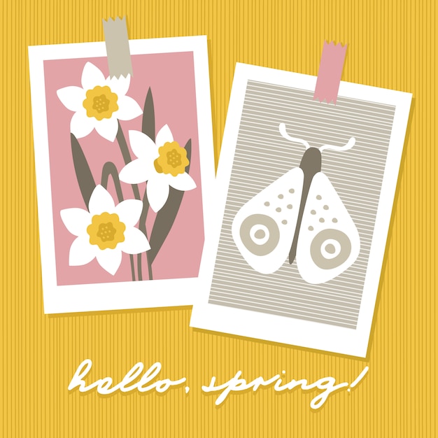 Hallo frühling saisonkarten. Premium Vektoren