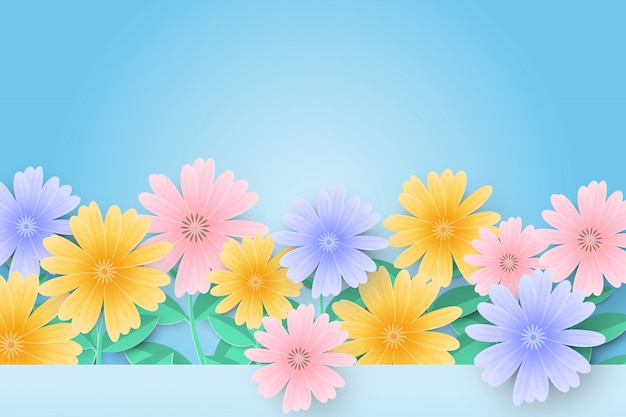 Hallo frühlingsverkaufshintergrund mit schönen papierblumen. Premium Vektoren