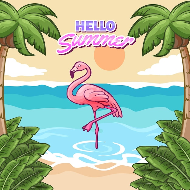 Hallo Sommer Mit Strand Und Flamingo Kostenlose Vektor