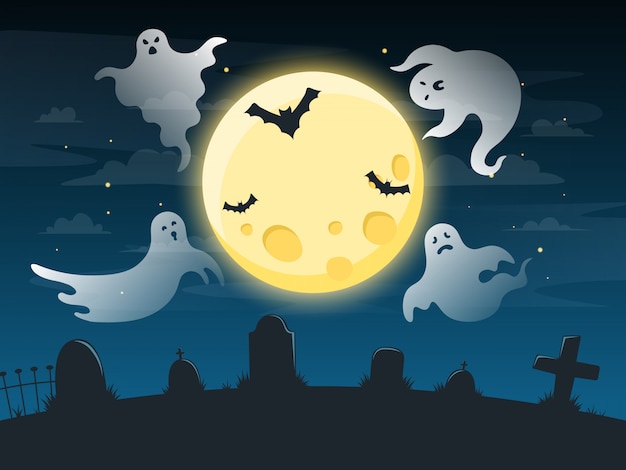 Halloween Gruseliges Plakat Fliegende Angstgeister Gruselige Geister Halloween Figur Auf Dunklem Ominosem Hintergrund Halloween Plakatillustration Plakat Halloween Mit Horrorgeistern Premium Vektor