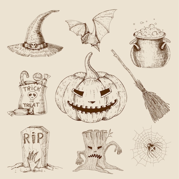 Halloween hand gezeichnetes set | Kostenlose Vektor