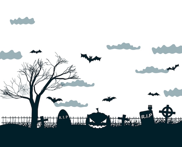 Halloween Nachtillustration In Den Farben Schwarz Weiss Grau Mit Dunklen Friedhofskreuzen Totem Baum Lachelnden Kurbissen Und Fledermausen Kostenlose Vektor