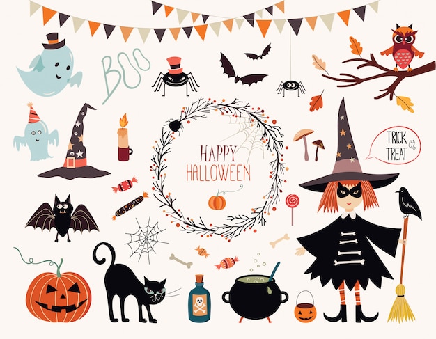 Halloween-sammlung mit hand gezeichneten elementen, hexe, geistern und kranz Premium Vektoren