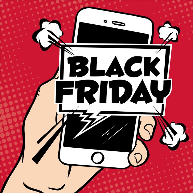 Hand, die ein mobile mit der black friday ...