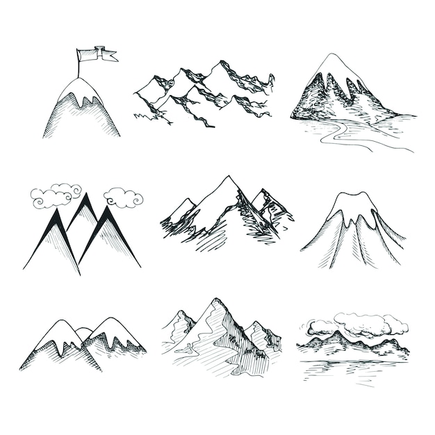 Hand gezeichnet schnee eis berggipfel dekorative symbole isoliert vektor-illustration Kostenlosen Vektoren