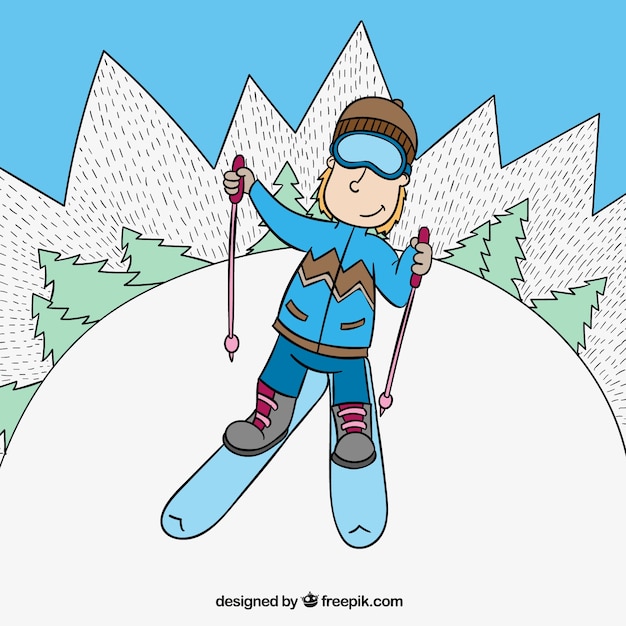 Hand Gezeichnet Skifahrer Im Cartoon Stil Kostenlose Vektor