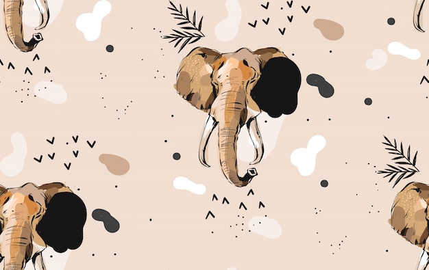 Hand Gezeichnete Abstrakte Kreative Grafische Kunstlerische Illustrationen Nahtloses Collagenmuster Mit Skizze Elefant Zeichnung Stammes Mottif Lokalisiert Auf Khaki Hintergrund Premium Vektor