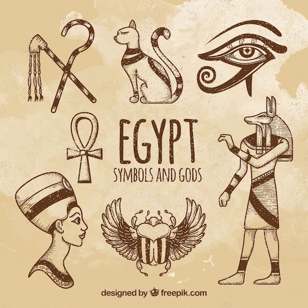 Hand Gezeichnete Agyptische Gotter Und Symbolsammlung Kostenlose Vektor