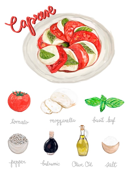 Hand gezeichnete caprese-salat-aquarellart Kostenlosen Vektoren