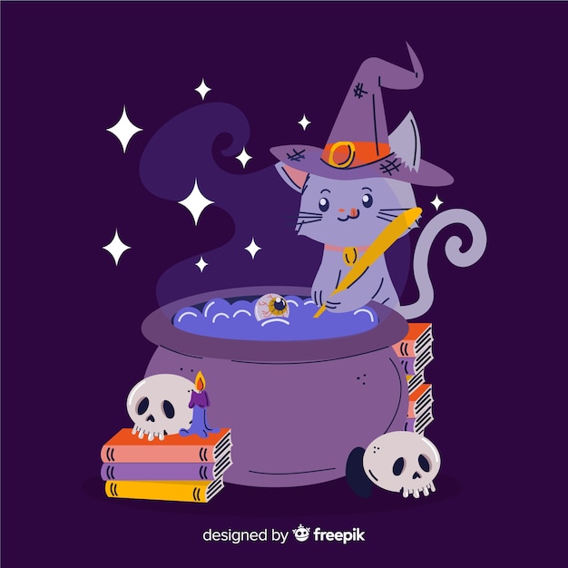 Hand gezeichnete halloween-hexenkatze Kostenlosen Vektoren