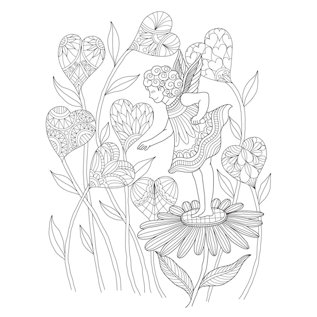 Hand Gezeichnete Illustration Der Fee Und Der Herzblume Premium Vektor