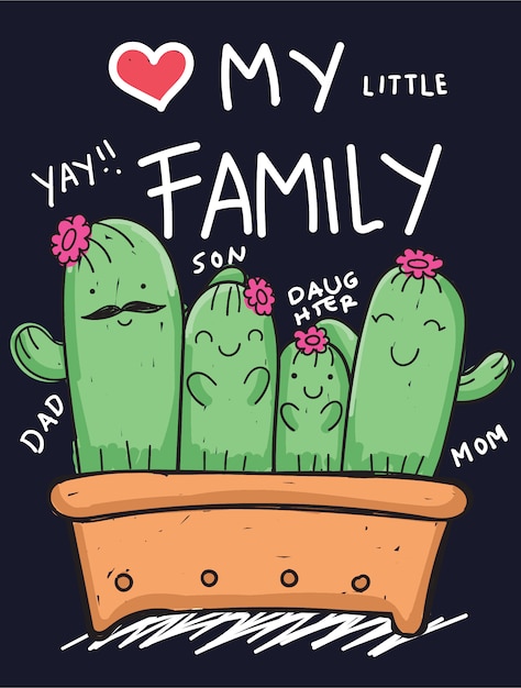 Hand gezeichnete kaktusfamilie für t-shirt Premium Vektoren