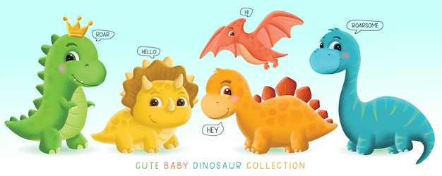 Hand gezeichnete niedliche baby-dinosaurier-set-illustration | Premium