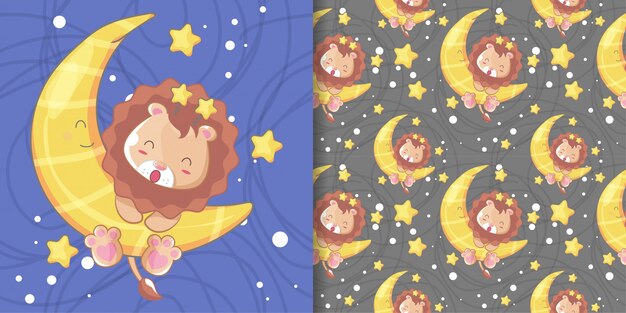 Hand gezeichneter glücklicher netter löwe mit mond- und mustersatz Premium Vektoren