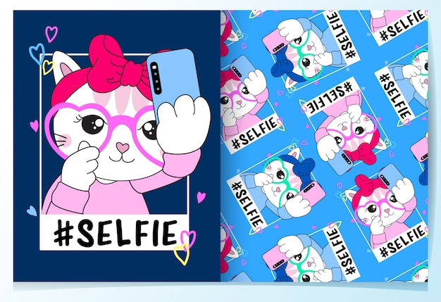 Hand gezeichneter netter katze selfie mustersatz Premium Vektoren