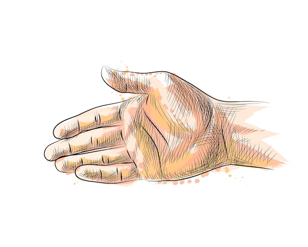 Handbewegung Die Hand Zum Handedruck Von Einem Spritzer Aquarell Streckt Handgezeichnete Skizze Illustration Von Farben Premium Vektor