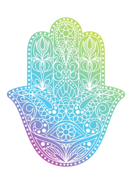 Handgezeichnete Hamsa Symbol Hand Von Fatima Ethnisches Amulett Das In Indischen Arabischen Und Judischen Kulturen Verbreitet Ist Buntes Hamsa Symbol Mit Ostlicher Blumenverzierung Premium Vektor