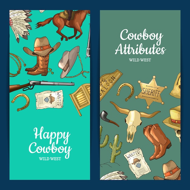 Handgezeichnete wildwest cowboy elemente web banner Premium Vektoren