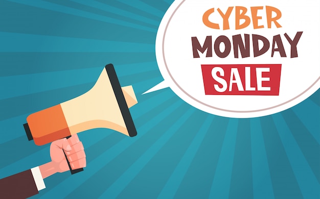 Handgriff-megaphon mit cyber monday-verkaufsmitteilung in der chat-blase auf pin up comic background design Premium Vektoren