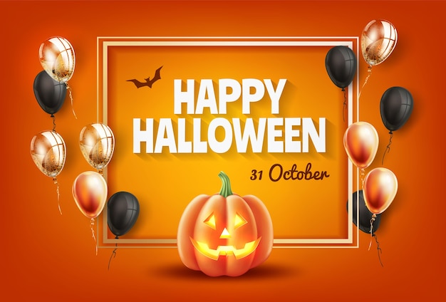 Happy Halloween Poster Mit Jack O Laternen Beangstigend Kurbis Gesicht Orange Premium Vektor