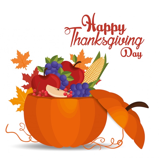 Happy Thanksgiving Day Karte Kurbis Gefullte Fruchte Kostenlose Vektor
