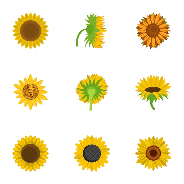 Helianthus-ikonen eingestellt, karikaturart Premium Vektoren
