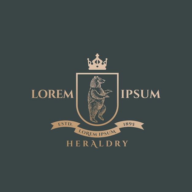 Heraldik Wappen Abstrakte Zeichen Symbol Oder Logo Vorlage Golden Bear Sillhouette Mit Schild Banner Krone Und Klassischer Retro Typografie Vintage Emblem Premium Vektor