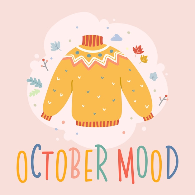 Herbstkarte mit beschriftungs- und strickjackenillustration Premium Vektoren