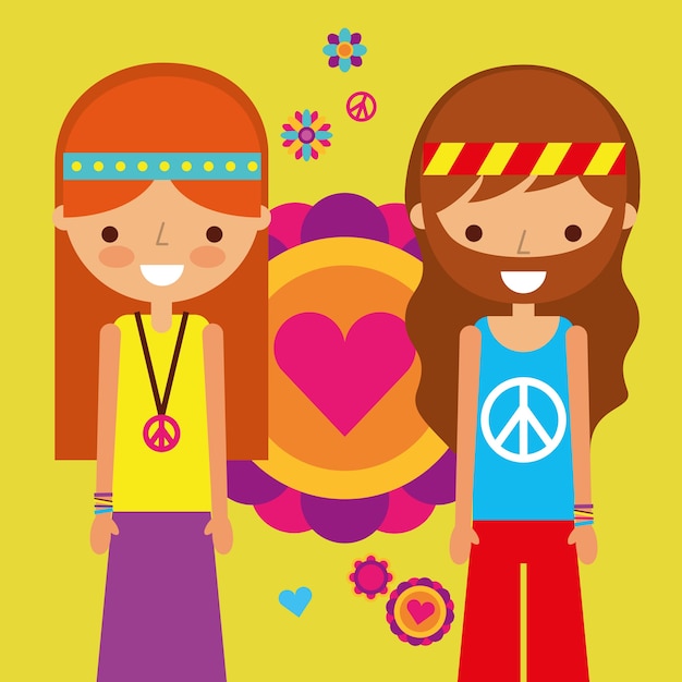 Hippie frau und mann frieden und liebe herz liebe PremiumVektor