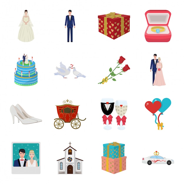 Hochzeit Cartoon Set Symbol Illustration Liebesheirat Lokalisierte Gesetzte Ikonenhochzeit Der Karikatur Premium Vektor