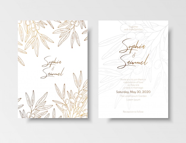 Hochzeit Vintage Einladung Speichern Sie Die Datumskarte Mit Goldenen Beeren Und Zweigen Sanddorn Premium Vektor