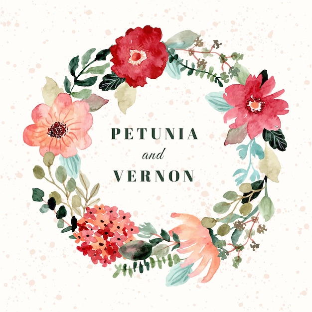 Hochzeitsabzeichen mit hübschem blumenaquarellkranz Premium Vektoren